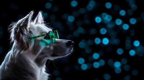 White dog wearing green glasses in profile view against dark background with blue bokeh lights creating magical atmosphere and modern pet portrait style.