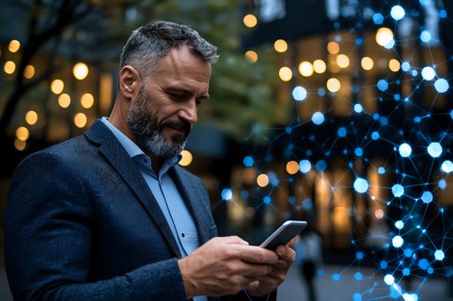Mature bearded businessman in navy suit checking smartphone outdoors at dusk with festive bokeh lights creating atmospheric evening ambiance.