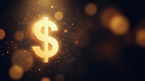 Golden dollar sign symbol glowing with sparkling particles and bokeh lights on dark background for finance and investment concepts.