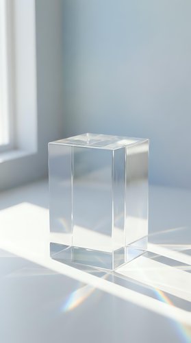 Transparent glass cube on white surface with rainbow light reflections and refractions, minimal modern composition for product display.