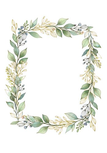 Botanical frame with green leaves and delicate branches arranged in rectangular border on white background, isolated and ready for wedding invitations, greeting cards, and design projects.