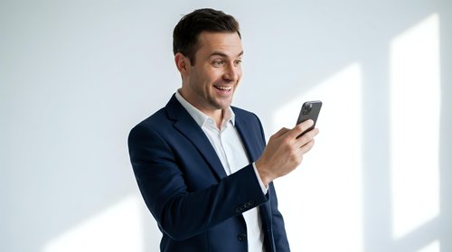 Happy businessman in navy suit smiling while using smartphone in bright modern office with natural window light for corporate communication concepts.