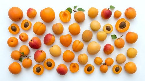 Apricots and peaches arranged flat lay on white background, whole and halved fruits showing pits and flesh, suitable for food photography, culinary design, nutrition content.