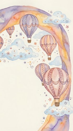 Watercolor hot air balloons floating among pastel clouds with decorative stars and swirls on light background for nursery decor and greeting cards.