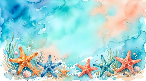 Watercolor ocean background with colorful starfish, seashells, and seaweed on sandy shore, teal and coral tones, copy space for text.