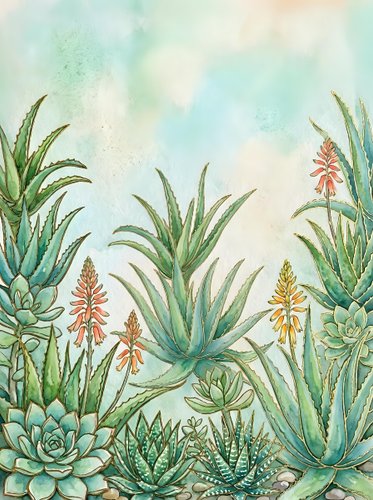 Watercolor aloe vera plants with blooming flowers on soft pastel background for botanical illustration and natural wellness design projects.