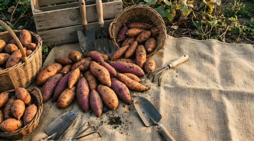 Fresh organic sweet potatoes harvested in rustic wicker baskets on burlap sack outdoors. Farm-to-table autumn harvest concept for healthy cooking recipes.