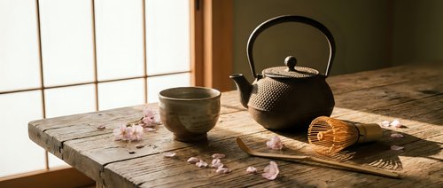 Traditional Japanese tea ceremony setup with cast iron teapot, ceramic cup, and cherry blossoms on wooden table in serene room with natural sunlight streaming through window.
