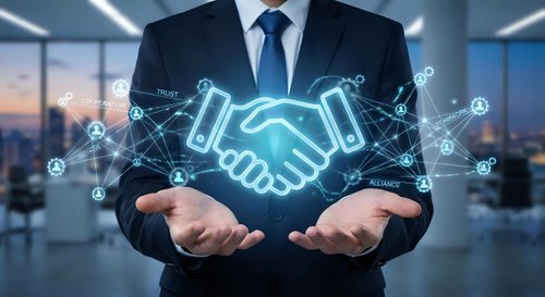 Professional businessman in dark suit holding glowing digital handshake hologram with network connections in modern office environment representing partnership and collaboration.