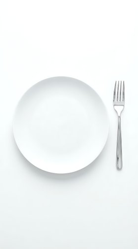 Empty white plate with silver fork on white background, isolated and ready for food styling, restaurant menu design, and culinary content creation.
