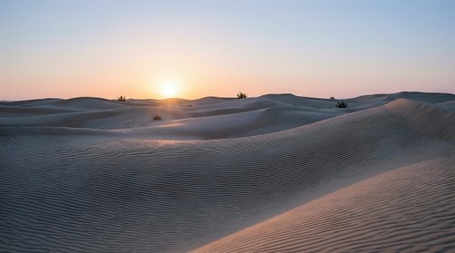 Serene desert landscape with rolling sand dunes at golden hour sunset, creating warm peaceful atmosphere for travel and nature concepts.