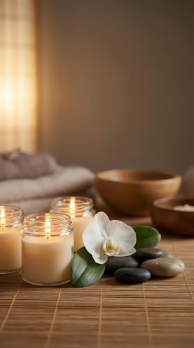 Tranquil spa setting with lit candles, white orchid, massage stones and wooden bowls creating peaceful wellness atmosphere for relaxation and self-care.