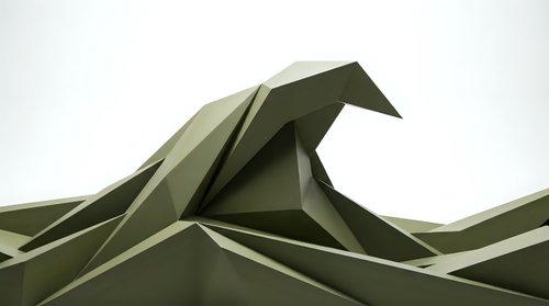 Abstract geometric landscape with angular mountain peaks in olive green tones. Modern low poly terrain design for contemporary digital projects.