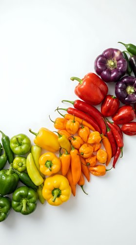 Colorful assortment of fresh peppers arranged in rainbow gradient from green to red on white background, showcasing variety for culinary and healthy eating concepts.