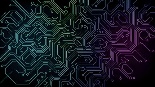 Abstract circuit board pattern with glowing neon lines in cyan and purple colors on dark background for technology and electronics design projects.