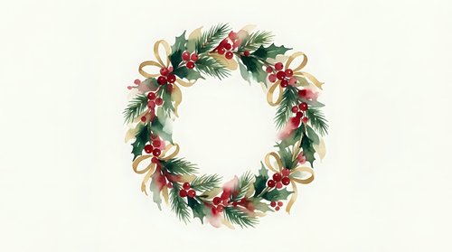 Festive Christmas wreath with pine branches, red berries and golden ribbon on cream background for holiday decorations and seasonal greeting cards.