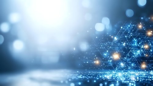 Abstract digital network with glowing particles and bokeh lights on blue gradient background for technology and data visualization concepts.
