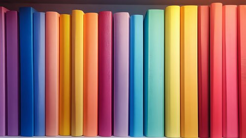Colorful book spines arranged in rainbow order on bookshelf, creating vibrant spectrum pattern. Clean minimal composition shows organized row of hardcover books.