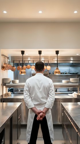 Professional chef in white uniform standing in modern commercial kitchen with copper cookware and stainless steel equipment for culinary business.