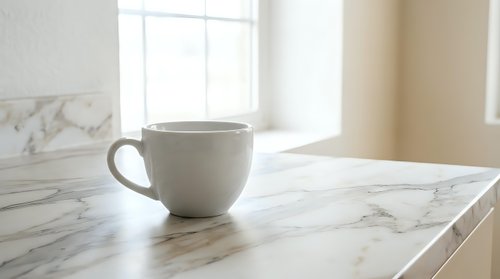 White ceramic coffee cup on marble kitchen counter with natural window light creating peaceful morning atmosphere for home decor and lifestyle concepts.