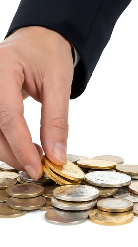 Caucasian male hand in business suit picking gold coins from a pile of mixed currency, symbolizing wealth, savings, and financial success.