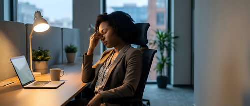 Stressed African American businesswoman working late at office desk, experiencing headache while using laptop computer in modern workplace during evening hours.