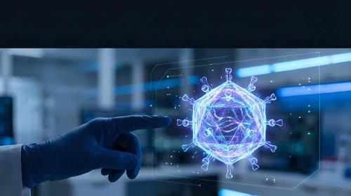 Hand reaching toward glowing virus particle with digital network connections in modern laboratory setting for medical research and healthcare technology.