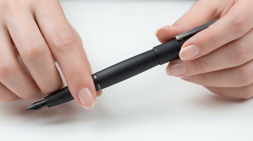 Hands holding black stylus pen on white background, digital drawing tool for tablets and touchscreen devices, technology accessory for artists.