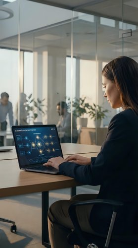 Professional businesswoman working on laptop with network visualization in modern glass office environment for corporate technology presentations.