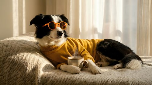 Stylish dog wearing orange sunglasses and yellow sweater relaxing on beige sofa in sunny living room. Pet fashion and comfort concept for lifestyle content.