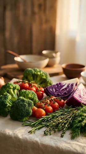 Fresh organic vegetables including broccoli, cherry tomatoes, purple cabbage and herbs arranged on rustic kitchen counter for healthy cooking preparation.