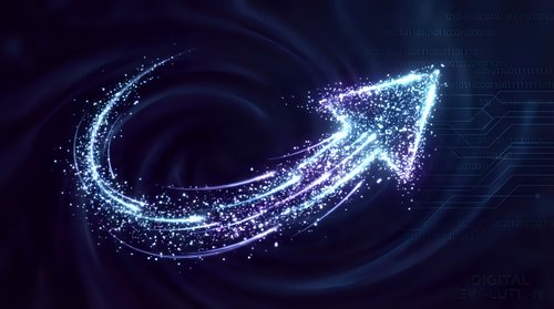 Digital arrow made of glowing particles and light trails pointing forward on dark blue background for business growth and progress concepts.