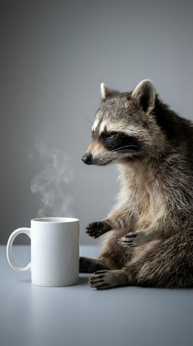 Cute raccoon sitting with steaming white coffee mug on gray background, morning routine concept for advertising and social media content.