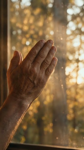 Elderly hands pressed together in prayer near a sunlit window with golden bokeh trees, evoking faith, hope, and spiritual peace.