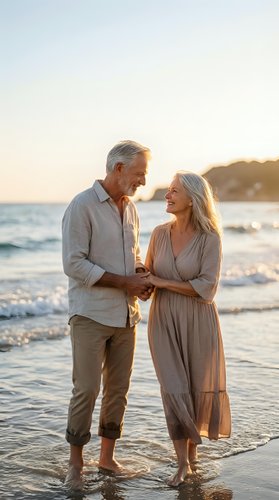 Happy senior couple walking hand in hand on beach at sunset enjoying romantic vacation together in golden hour light.