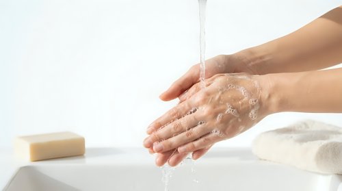 Hands washing under running water with soap bar nearby on white towel background for hygiene and cleanliness routine in bathroom or kitchen setting.