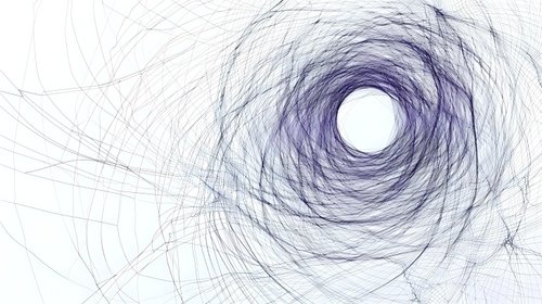 Swirling purple and blue abstract vortex pattern with white center on light background, featuring delicate line work and spiral movement. Suitable for modern design projects.