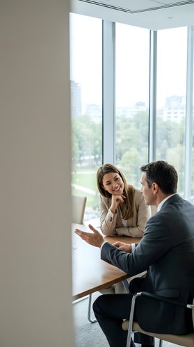 Professional business meeting between confident businesswoman and businessman in modern office with city view discussing corporate strategy and collaboration.