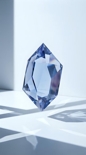 Blue crystal gemstone with geometric facets casting shadows on white surface in natural light for luxury jewelry and wellness design concepts.