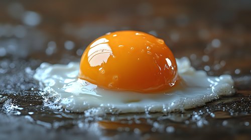 Fresh raw egg yolk with white albumen spreading on dark surface, macro food photography with water drops and natural lighting. Culinary background.