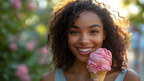 Young African American woman with curly hair enjoying pink ice cream cone outdoors on sunny summer day, expressing joy and happiness with bright genuine smile.