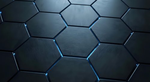 Dark hexagonal pattern with glowing blue edges creating futuristic geometric background for technology and science concepts.