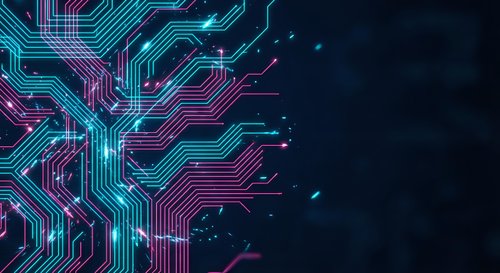 Futuristic circuit board with glowing neon lines in cyan and magenta colors on dark background for technology and digital innovation concepts.