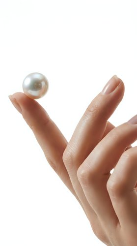 Hand holding lustrous pearl on white background, isolated for luxury jewelry, skincare, and cosmetics design applications.
