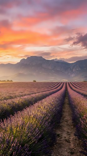 Lavender field rows stretching toward mountains under dramatic sunset sky with pink and orange clouds creating peaceful agricultural landscape.