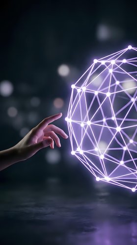Human hand reaching toward glowing purple geometric sphere with connected nodes and lines representing digital network technology and artificial intelligence.