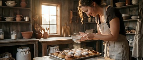 Young woman baker decorating freshly baked cookies with icing in rustic kitchen workshop. Traditional artisan bakery craft and homemade pastry preparation concept.