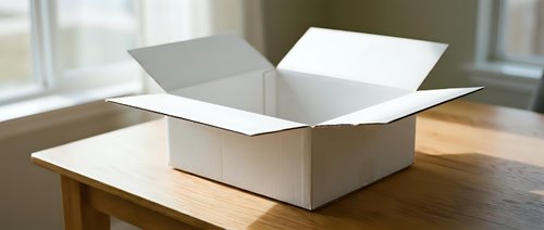 Open white cardboard shipping box on wooden table near window with natural light for packaging delivery and moving supplies.