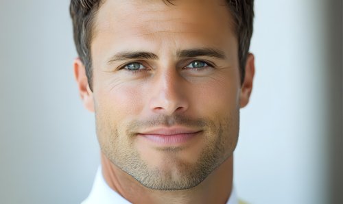 Confident male professional with stubble beard and gentle smile looking directly at camera against light background, expressing trust and approachability.