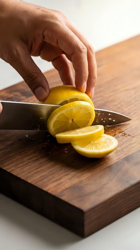 Adult hand slicing fresh lemon on wooden cutting board with chef knife. Food preparation and cooking concept for culinary, recipe, and kitchen design use.